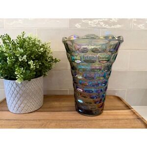 Iridescent Carnival Glass Vase Honeycomb Block Optic Scalloped Rim Smoke Luster